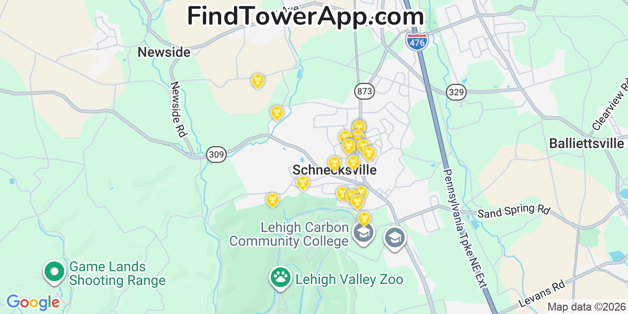 Map showing the 20 primary cell tower locations detected in Schnecksville, Pennsylvania from AT&T, Verizon, and T-Mobile networks