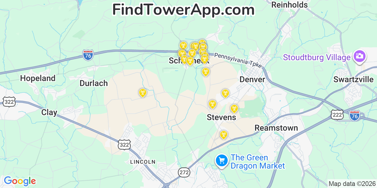 Map showing the 20 primary cell tower locations detected in Schoeneck, Pennsylvania from AT&T, Verizon, and T-Mobile networks
