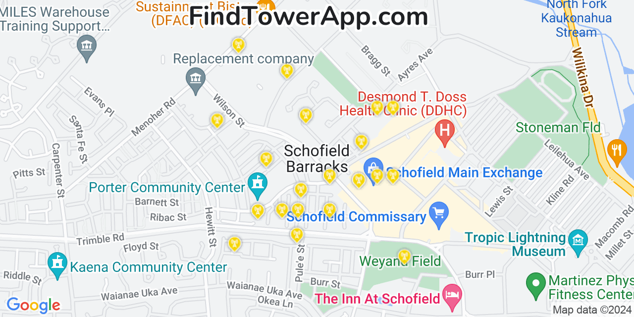 AT&T 4G/5G cell tower coverage map Schofield Barracks, Hawaii