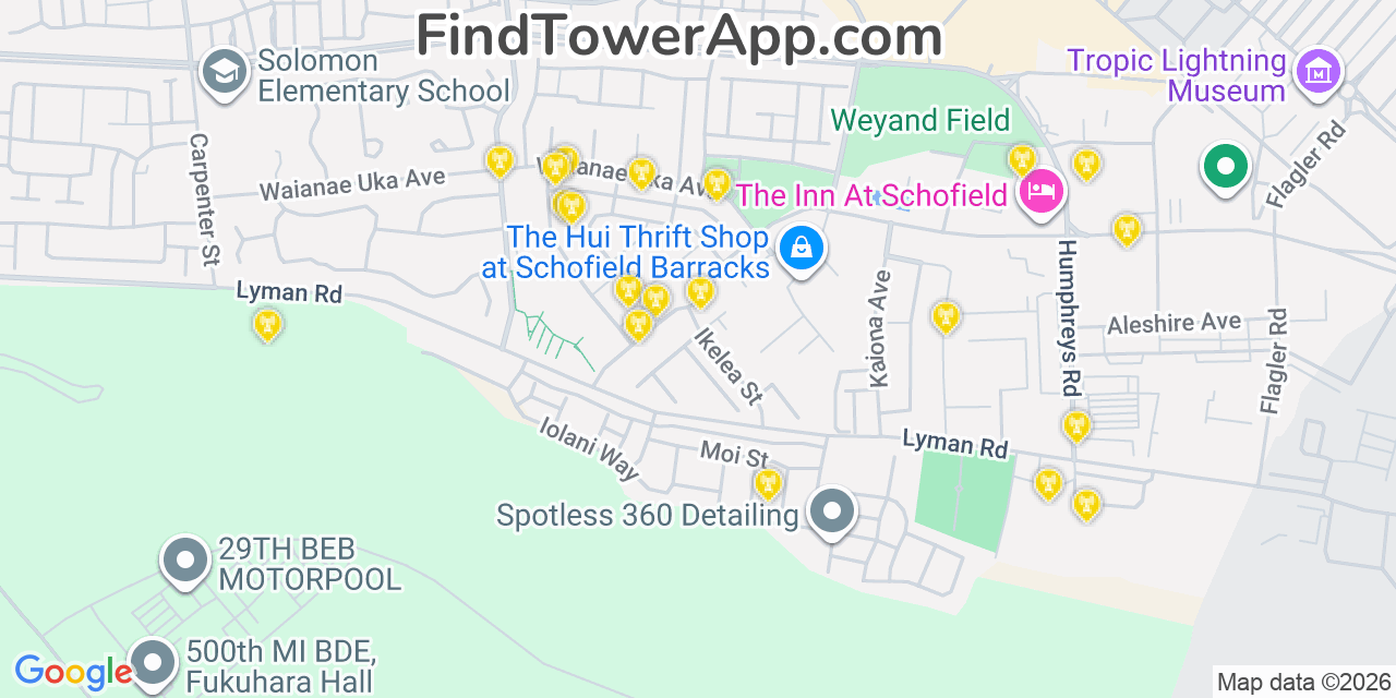 Map showing the 20 primary cell tower locations detected in Schofield Barracks, Hawaii from AT&T, Verizon, and T-Mobile networks