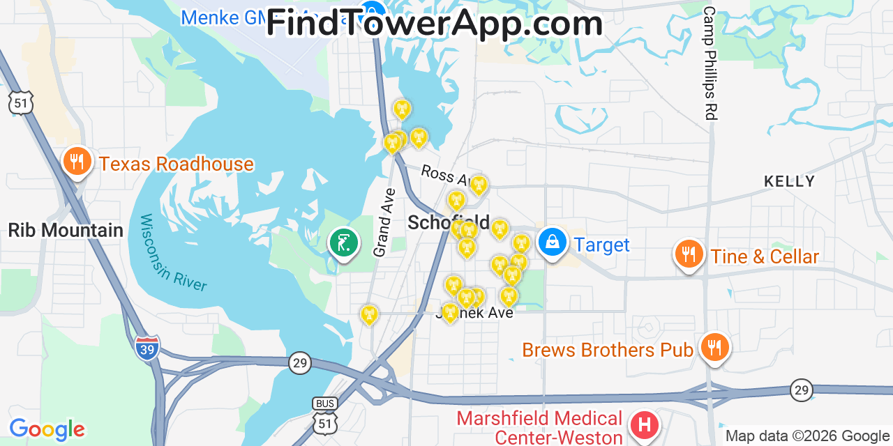 Map showing the 20 primary cell tower locations detected in Schofield, Wisconsin from AT&T, Verizon, and T-Mobile networks