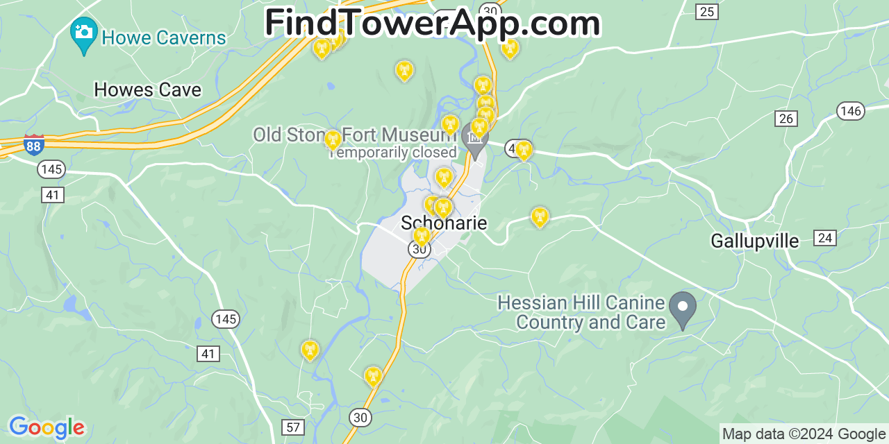 AT&T 4G/5G cell tower coverage map Schoharie, New York