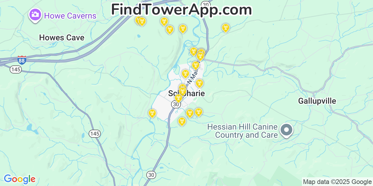 Map showing the 20 primary cell tower locations detected in Schoharie, New York from AT&T, Verizon, and T-Mobile networks