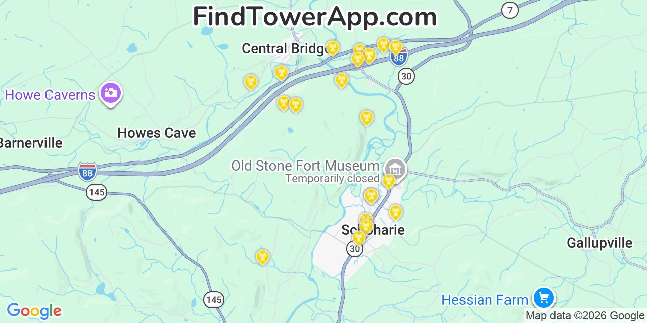 Map showing the 20 primary cell tower locations detected in Schoharie, New York from AT&T, Verizon, and T-Mobile networks
