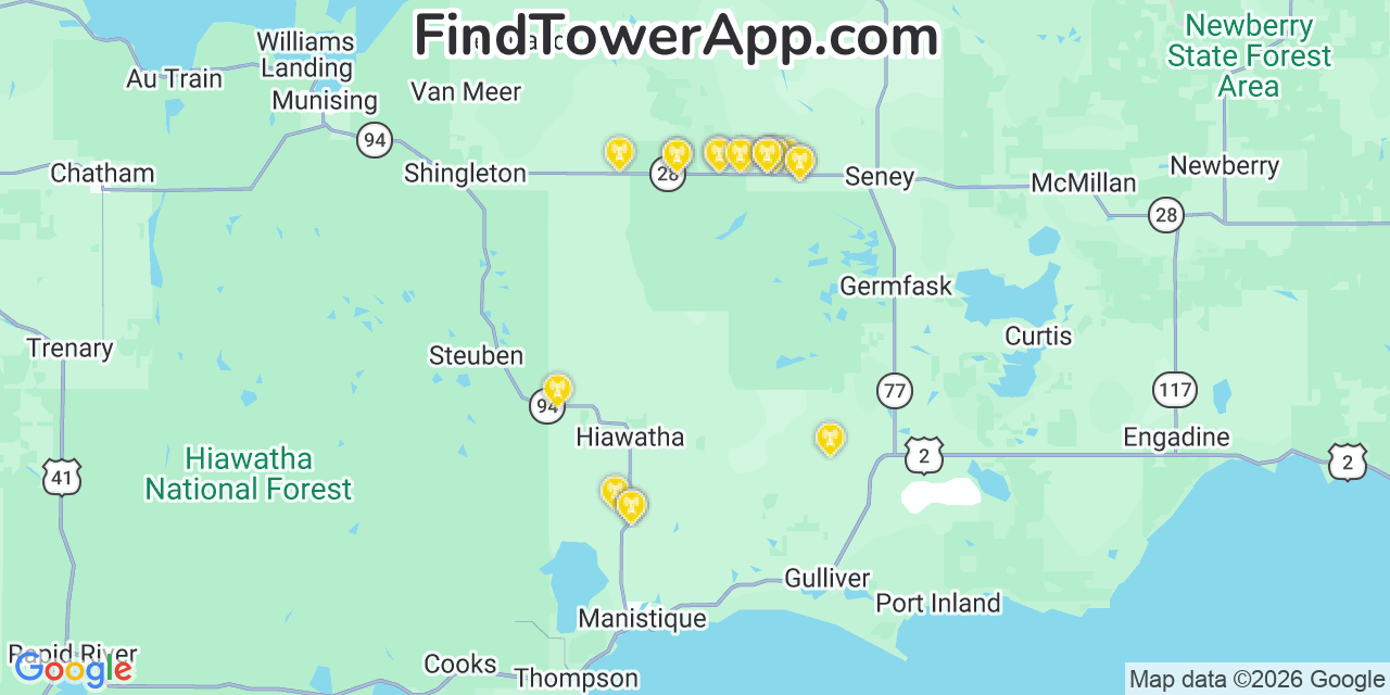 Map showing the 20 primary cell tower locations detected in Schoolcraft, Michigan from AT&T, Verizon, and T-Mobile networks