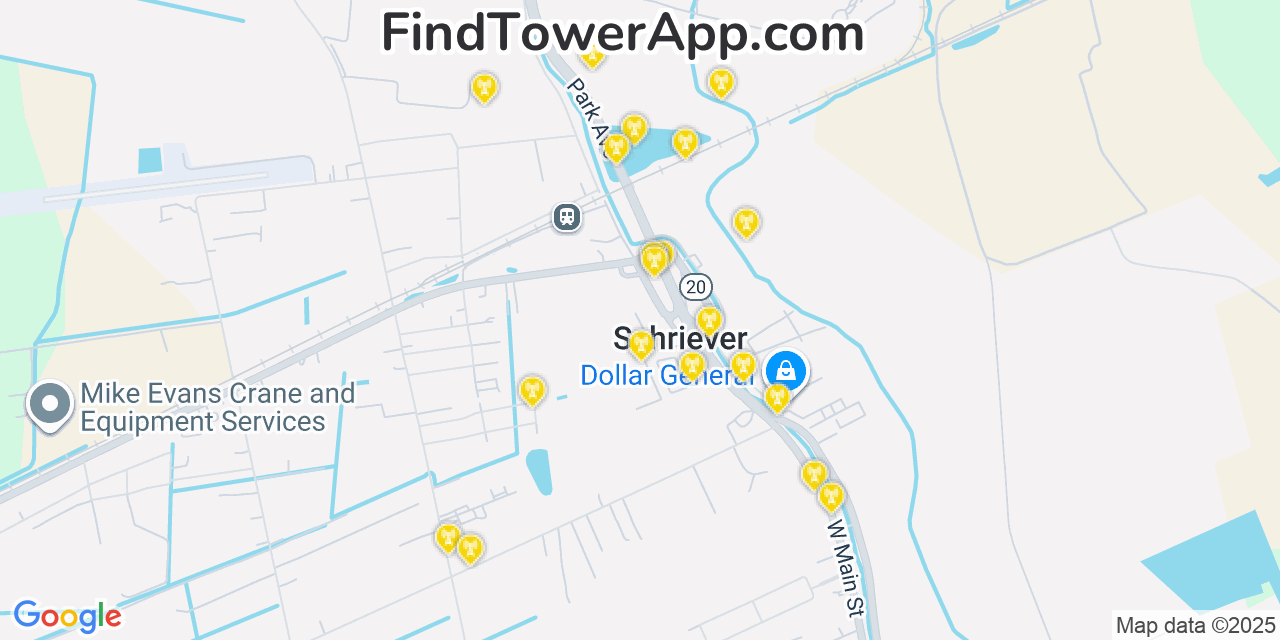 Map showing the 20 primary cell tower locations detected in Schriever, Louisiana from AT&T, Verizon, and T-Mobile networks