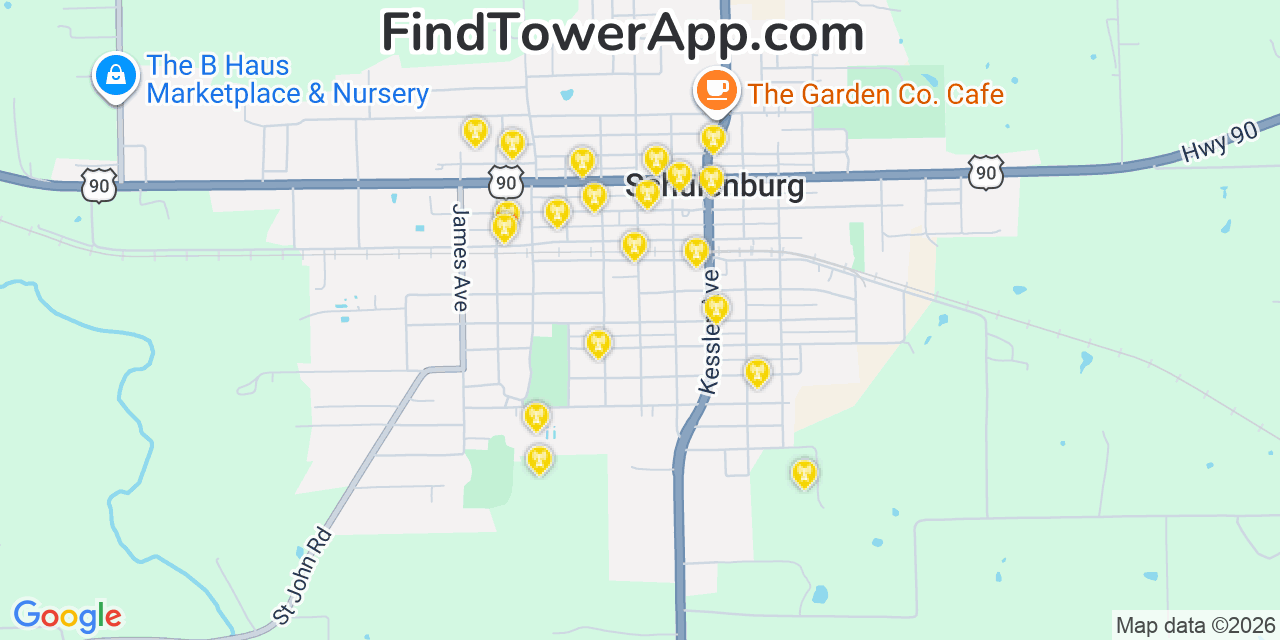 Map showing the 20 primary cell tower locations detected in Schulenburg, Texas from AT&T, Verizon, and T-Mobile networks