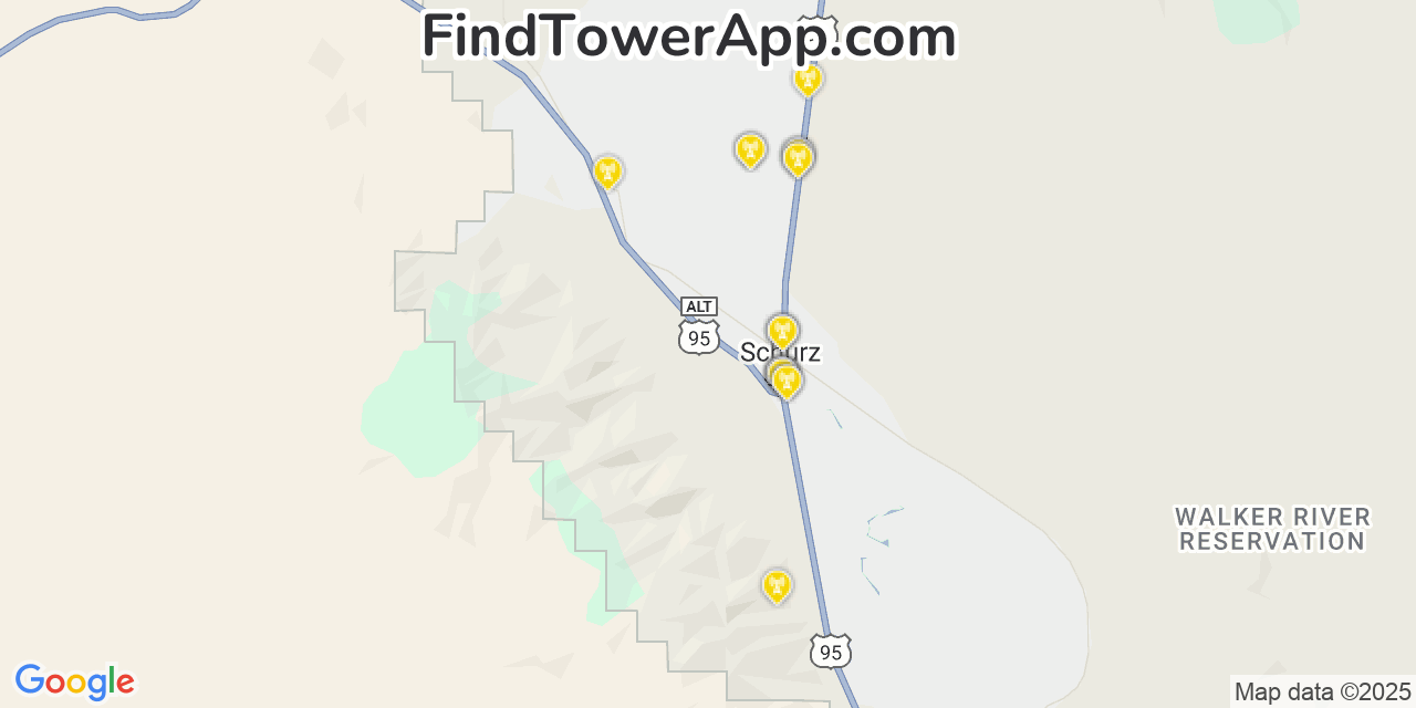 Map showing the 20 primary cell tower locations detected in Schurz, Nevada from AT&T, Verizon, and T-Mobile networks
