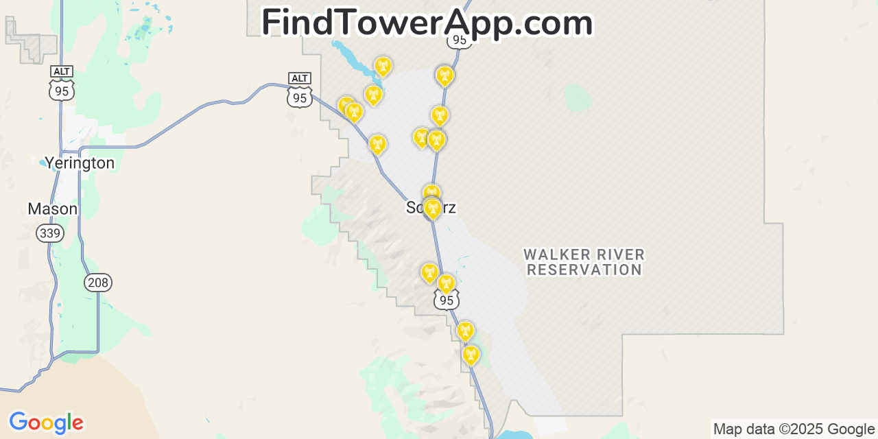 Map showing the 20 primary Verizon cell tower locations detected in Schurz, Nevada with coverage radius and signal strength indicators