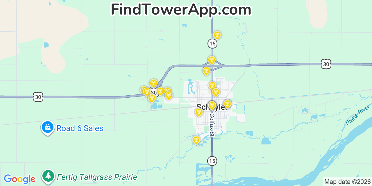 Map showing the 20 primary cell tower locations detected in Schuyler, Nebraska from AT&T, Verizon, and T-Mobile networks