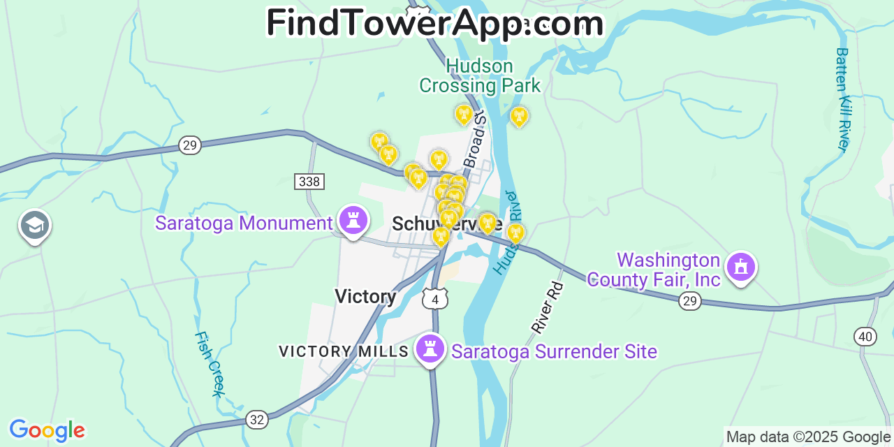 Map showing the 20 primary cell tower locations detected in Schuylerville, New York from AT&T, Verizon, and T-Mobile networks