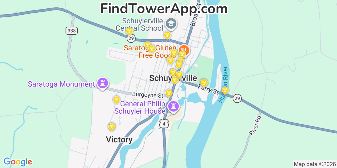 Map showing the 20 primary cell tower locations detected in Schuylerville, New York from AT&T, Verizon, and T-Mobile networks
