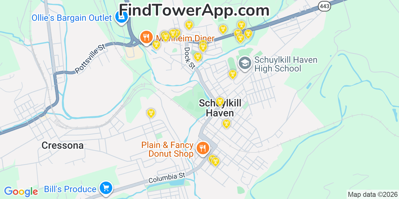 Map showing the 20 primary cell tower locations detected in Schuylkill Haven, Pennsylvania from AT&T, Verizon, and T-Mobile networks