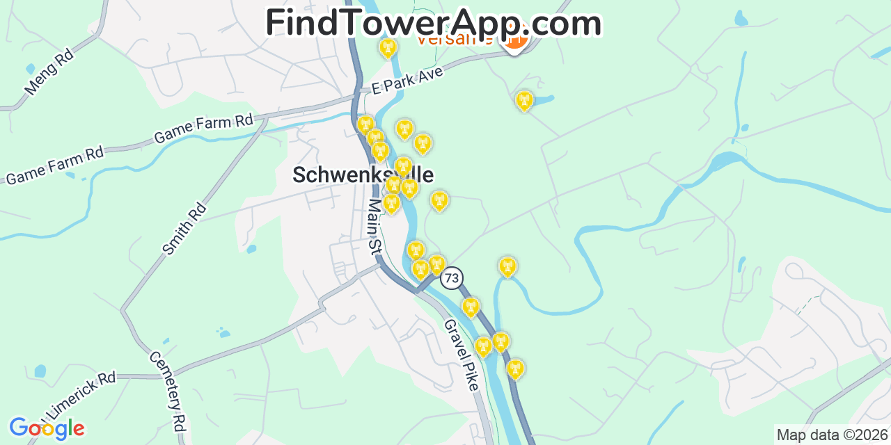 Map showing the 20 primary cell tower locations detected in Schwenksville, Pennsylvania from AT&T, Verizon, and T-Mobile networks