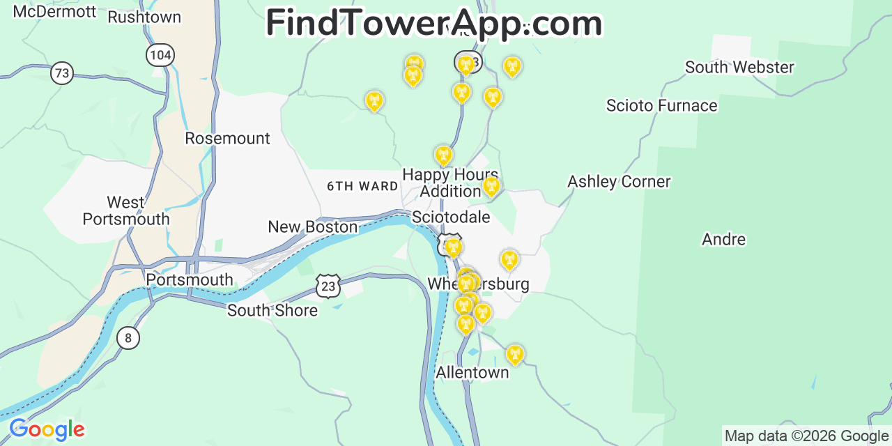 Map showing the 20 primary cell tower locations detected in Sciotodale, Ohio from AT&T, Verizon, and T-Mobile networks