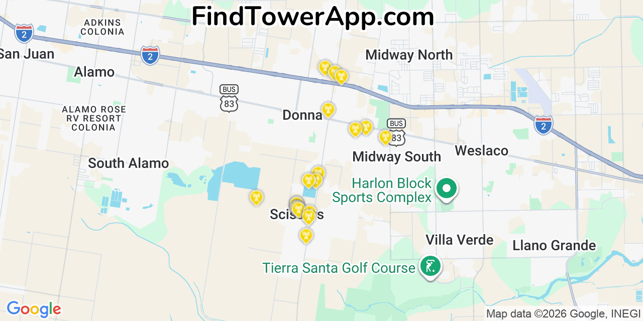 Map showing the 20 primary cell tower locations detected in Scissors, Texas from AT&T, Verizon, and T-Mobile networks