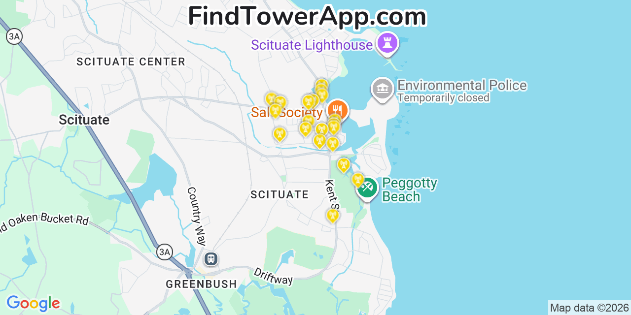Map showing the 20 primary cell tower locations detected in Scituate, Massachusetts from AT&T, Verizon, and T-Mobile networks
