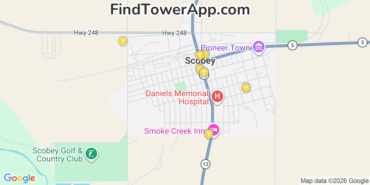 Map showing the 20 primary cell tower locations detected in Scobey, Montana from AT&T, Verizon, and T-Mobile networks