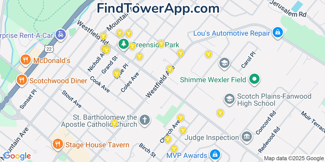 Map showing the 20 primary cell tower locations detected in Scotch Plains, New Jersey from AT&T, Verizon, and T-Mobile networks