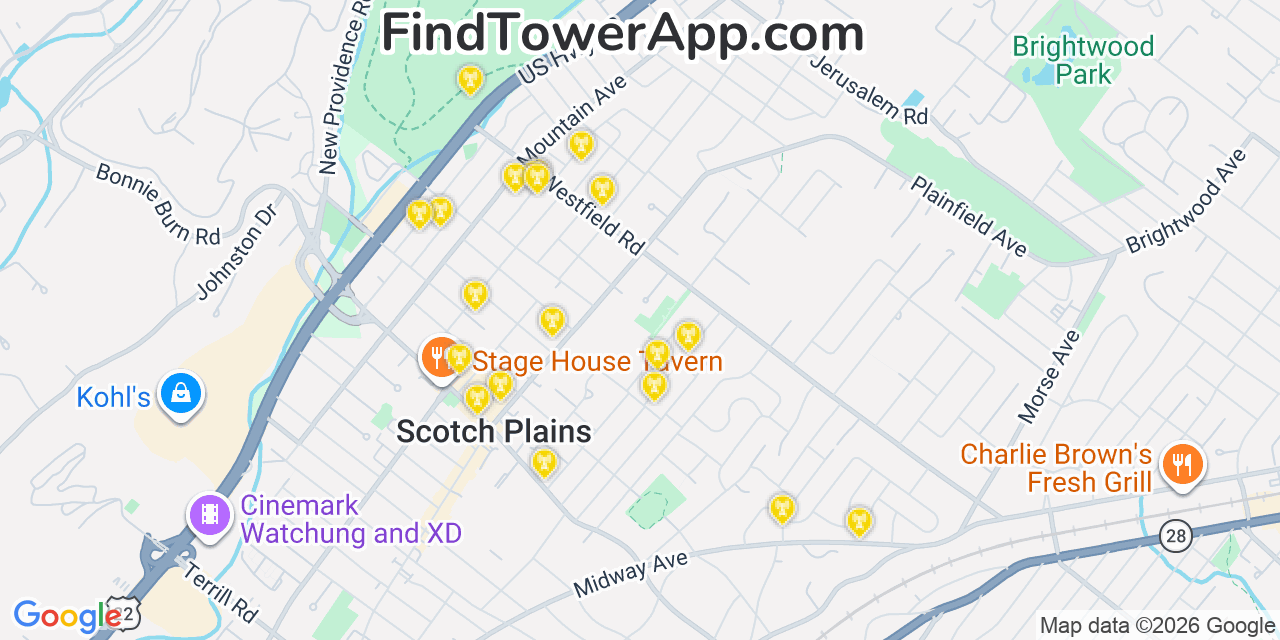 Map showing the 20 primary cell tower locations detected in Scotch Plains, New Jersey from AT&T, Verizon, and T-Mobile networks