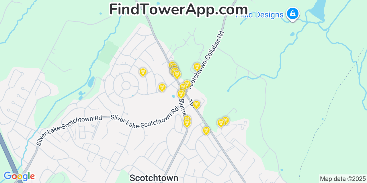 Map showing the 20 primary cell tower locations detected in Scotchtown, New York from AT&T, Verizon, and T-Mobile networks