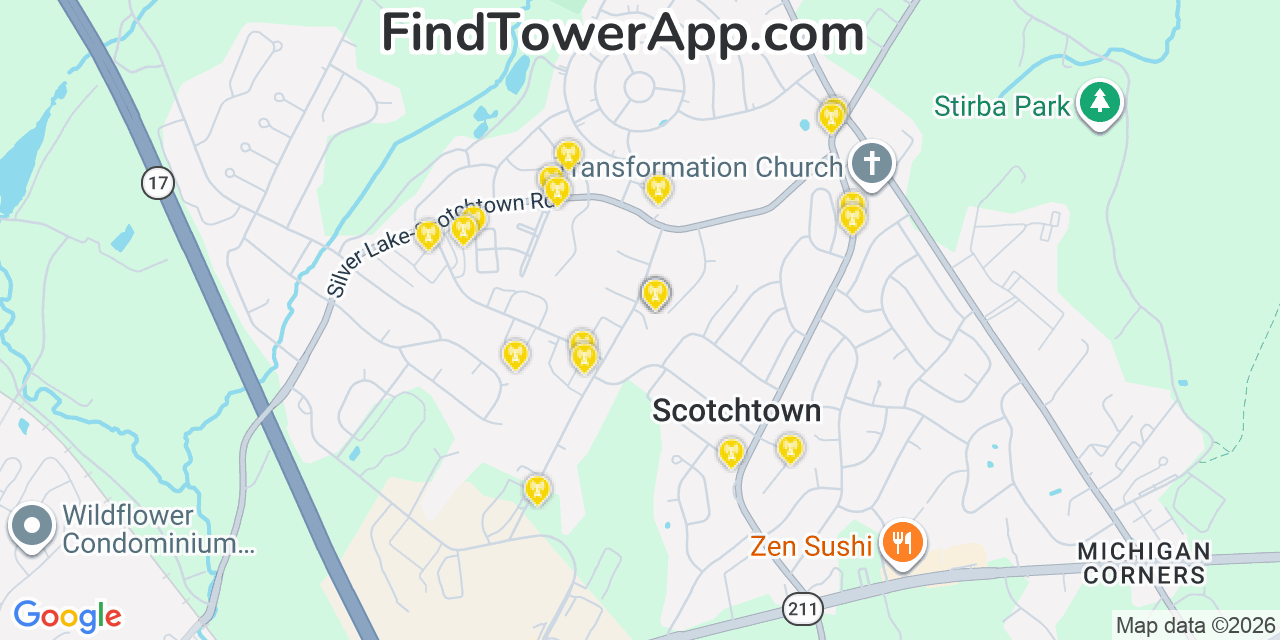 Map showing the 20 primary cell tower locations detected in Scotchtown, New York from AT&T, Verizon, and T-Mobile networks