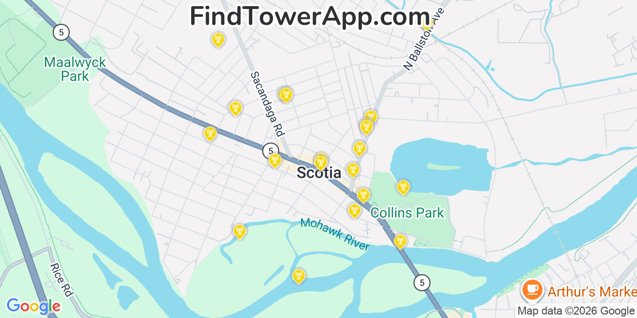 Map showing the 20 primary cell tower locations detected in Scotia, New York from AT&T, Verizon, and T-Mobile networks