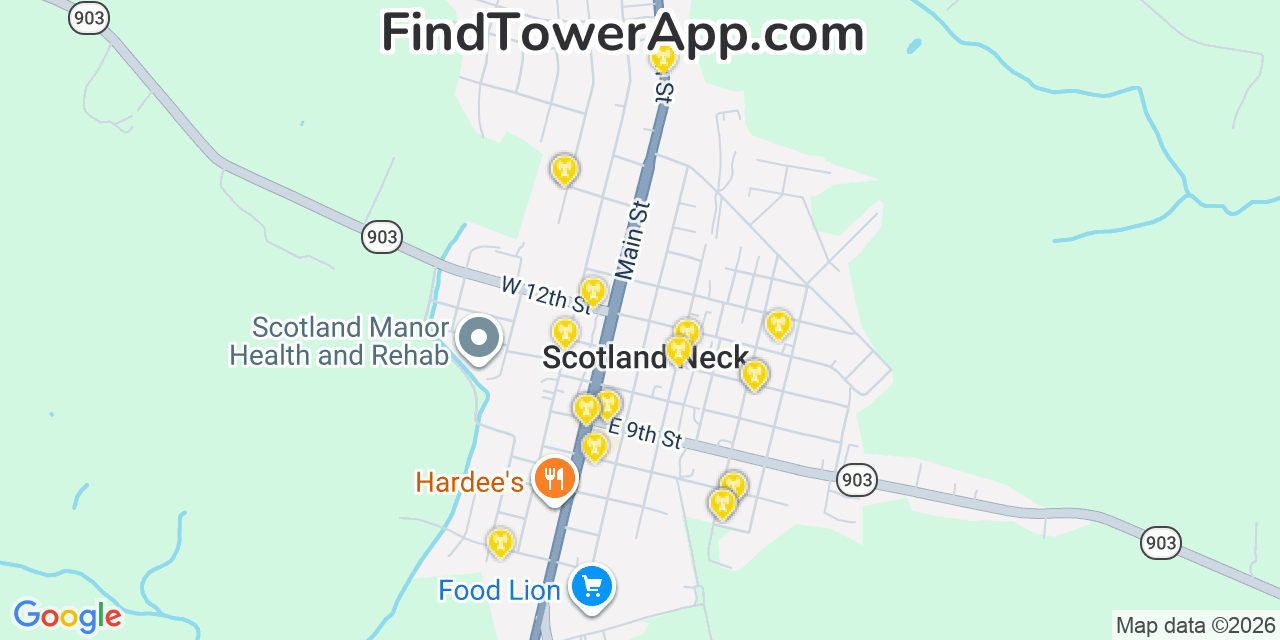 Map showing the 20 primary cell tower locations detected in Scotland Neck, North Carolina from AT&T, Verizon, and T-Mobile networks