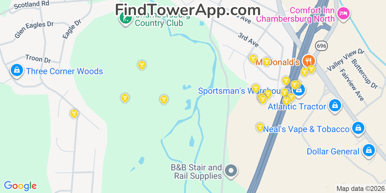 Map showing the 20 primary cell tower locations detected in Scotland, Pennsylvania from AT&T, Verizon, and T-Mobile networks