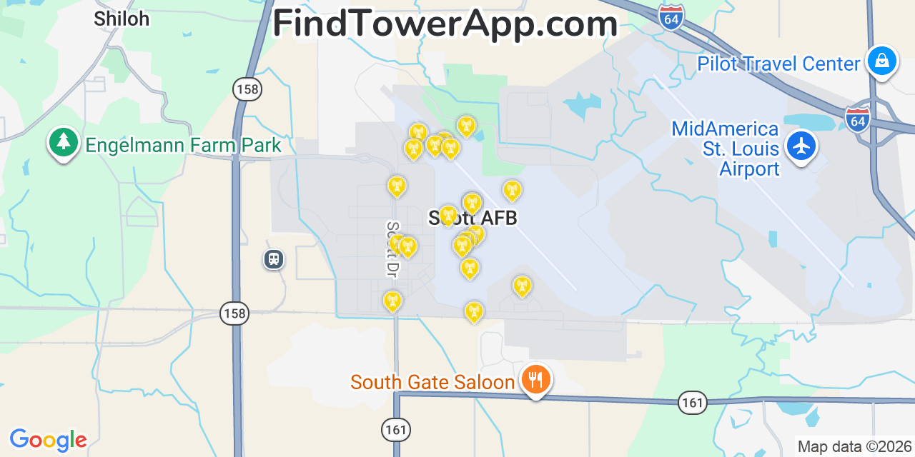 Map showing the 20 primary cell tower locations detected in Scott Air Force Base, Illinois from AT&T, Verizon, and T-Mobile networks