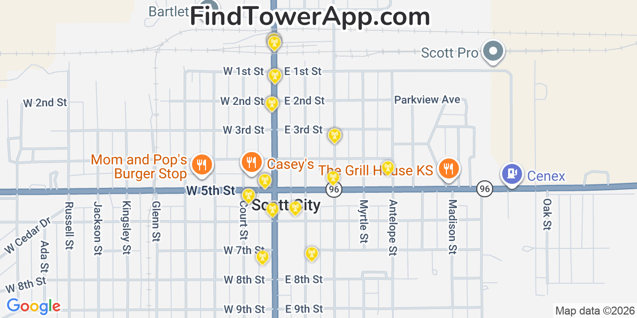 Map showing the 20 primary cell tower locations detected in Scott City, Kansas from AT&T, Verizon, and T-Mobile networks