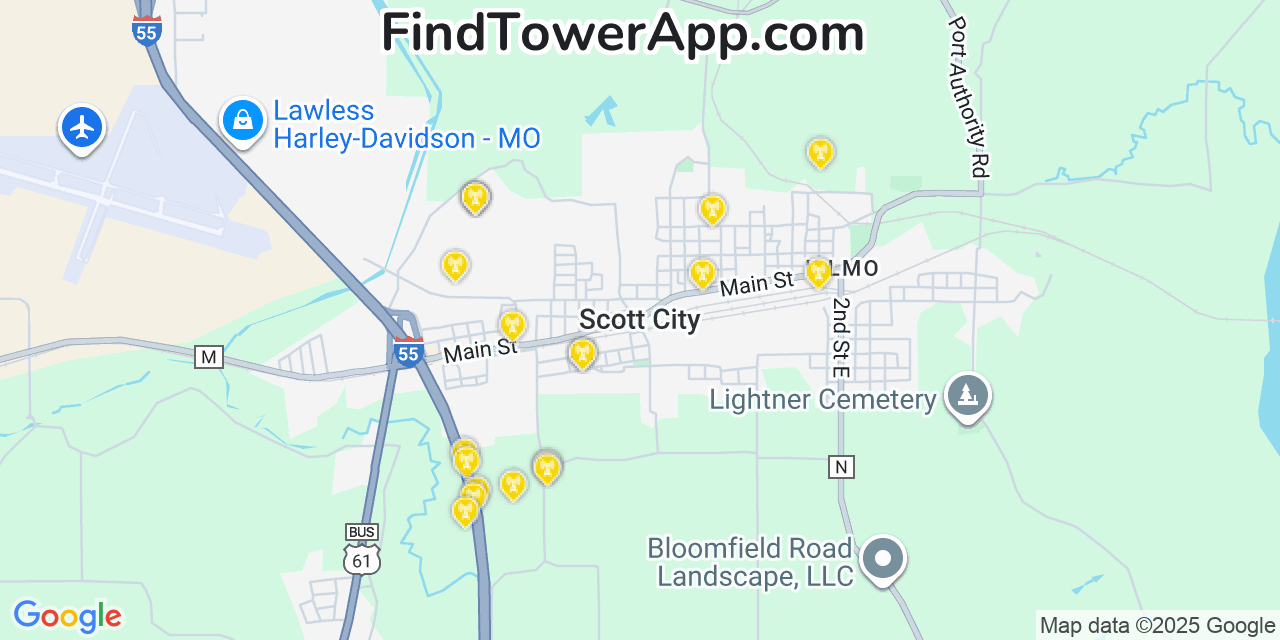 Map showing the 20 primary cell tower locations detected in Scott City, Missouri from AT&T, Verizon, and T-Mobile networks