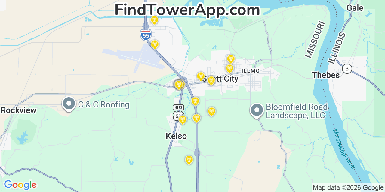 Map showing the 20 primary cell tower locations detected in Scott City, Missouri from AT&T, Verizon, and T-Mobile networks