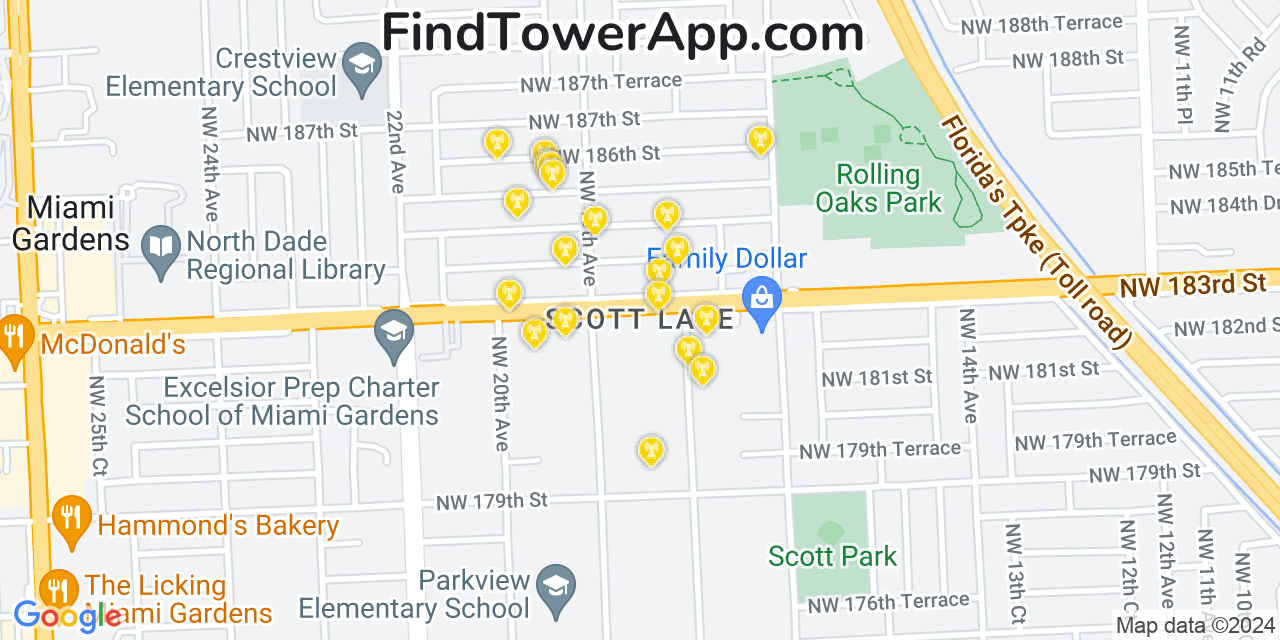 AT&T 4G/5G cell tower coverage map Scott Lake, Florida