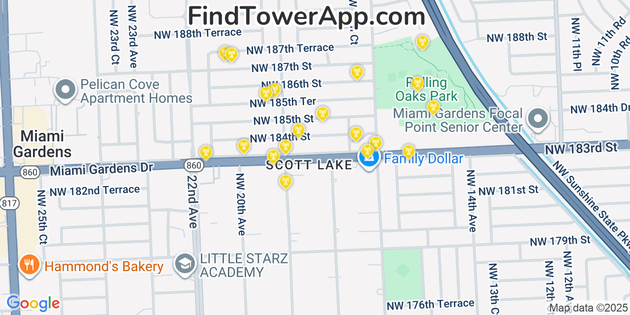 Map showing the 20 primary cell tower locations detected in Scott Lake, Florida from AT&T, Verizon, and T-Mobile networks