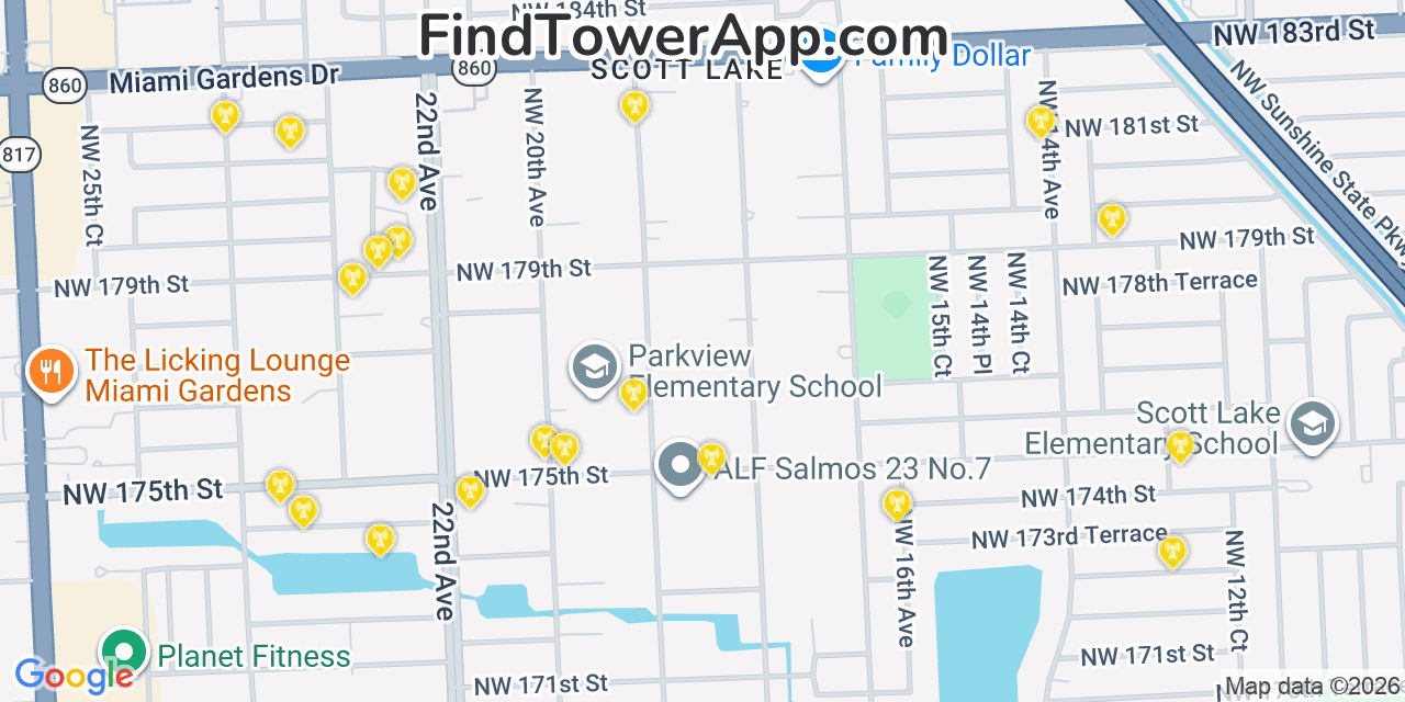 Map showing the 20 primary cell tower locations detected in Scott Lake, Florida from AT&T, Verizon, and T-Mobile networks