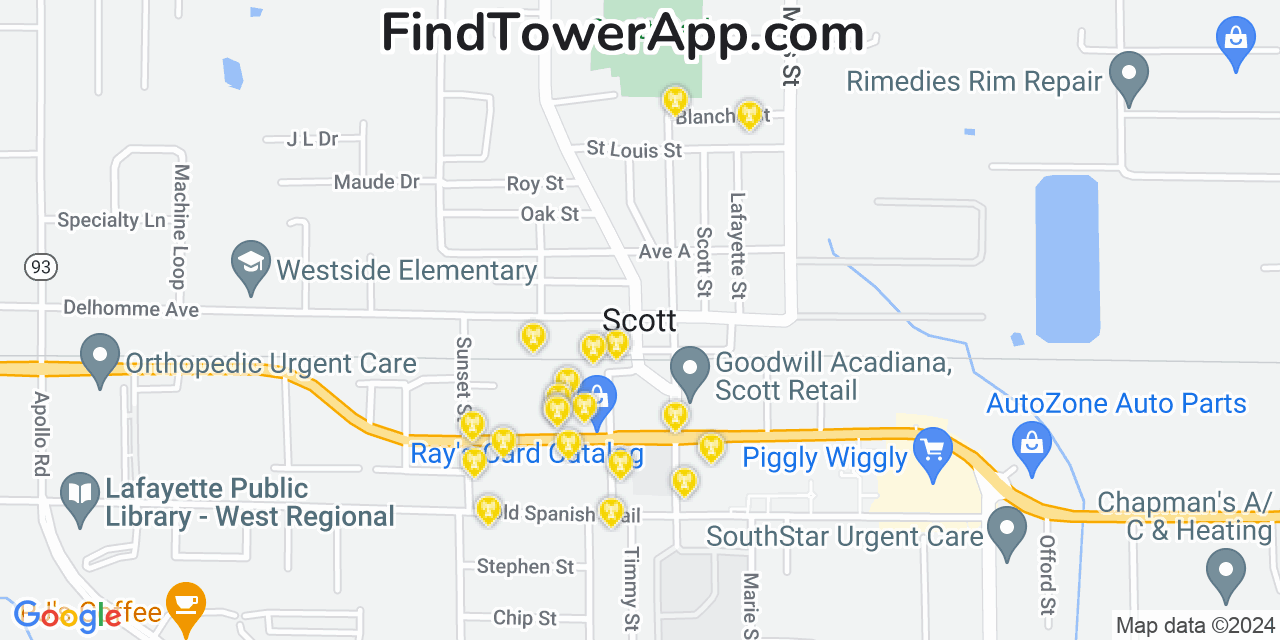 AT&T 4G/5G cell tower coverage map Scott, Louisiana