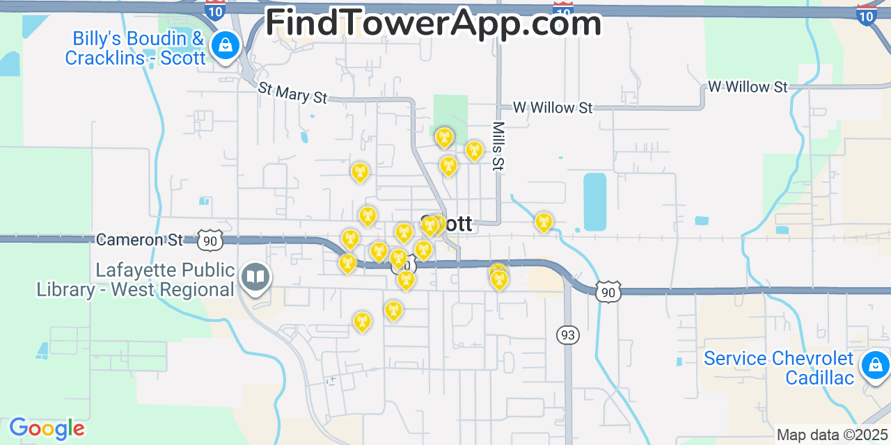 Map showing the 20 primary cell tower locations detected in Scott, Louisiana from AT&T, Verizon, and T-Mobile networks