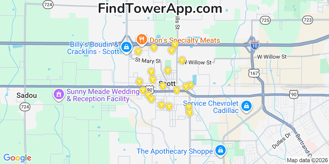 Map showing the 20 primary cell tower locations detected in Scott, Louisiana from AT&T, Verizon, and T-Mobile networks
