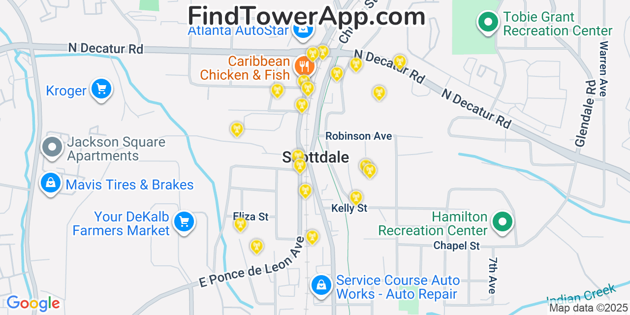 Map showing the 20 primary cell tower locations detected in Scottdale, Georgia from AT&T, Verizon, and T-Mobile networks