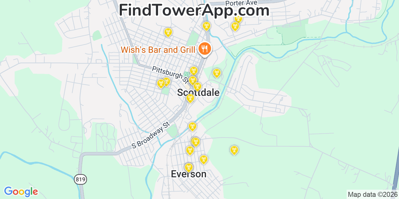 Map showing the 20 primary cell tower locations detected in Scottdale, Pennsylvania from AT&T, Verizon, and T-Mobile networks