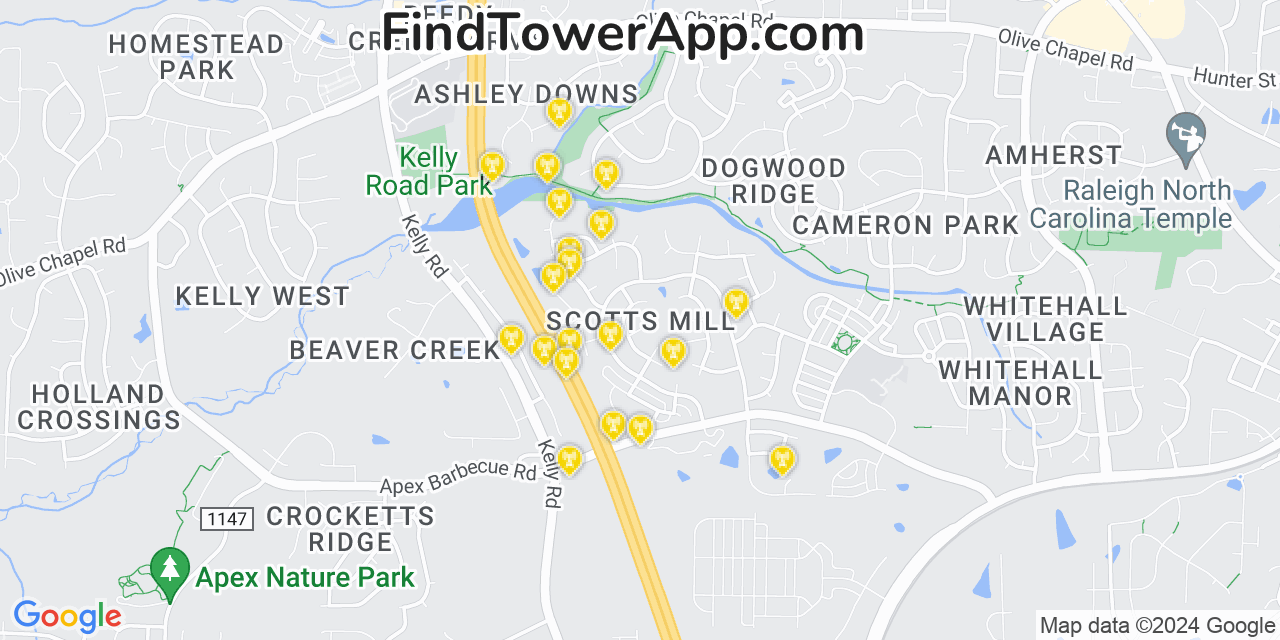 AT&T 4G/5G cell tower coverage map Scotts Mill, North Carolina