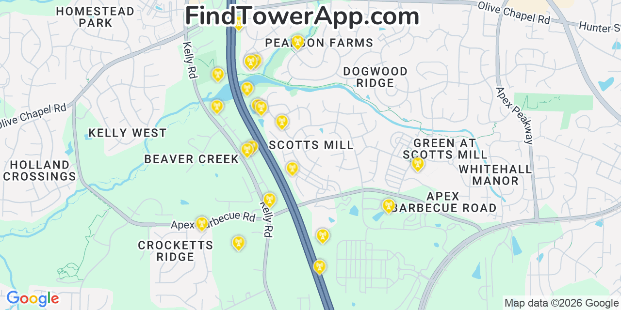Map showing the 20 primary cell tower locations detected in Scotts Mill, North Carolina from AT&T, Verizon, and T-Mobile networks