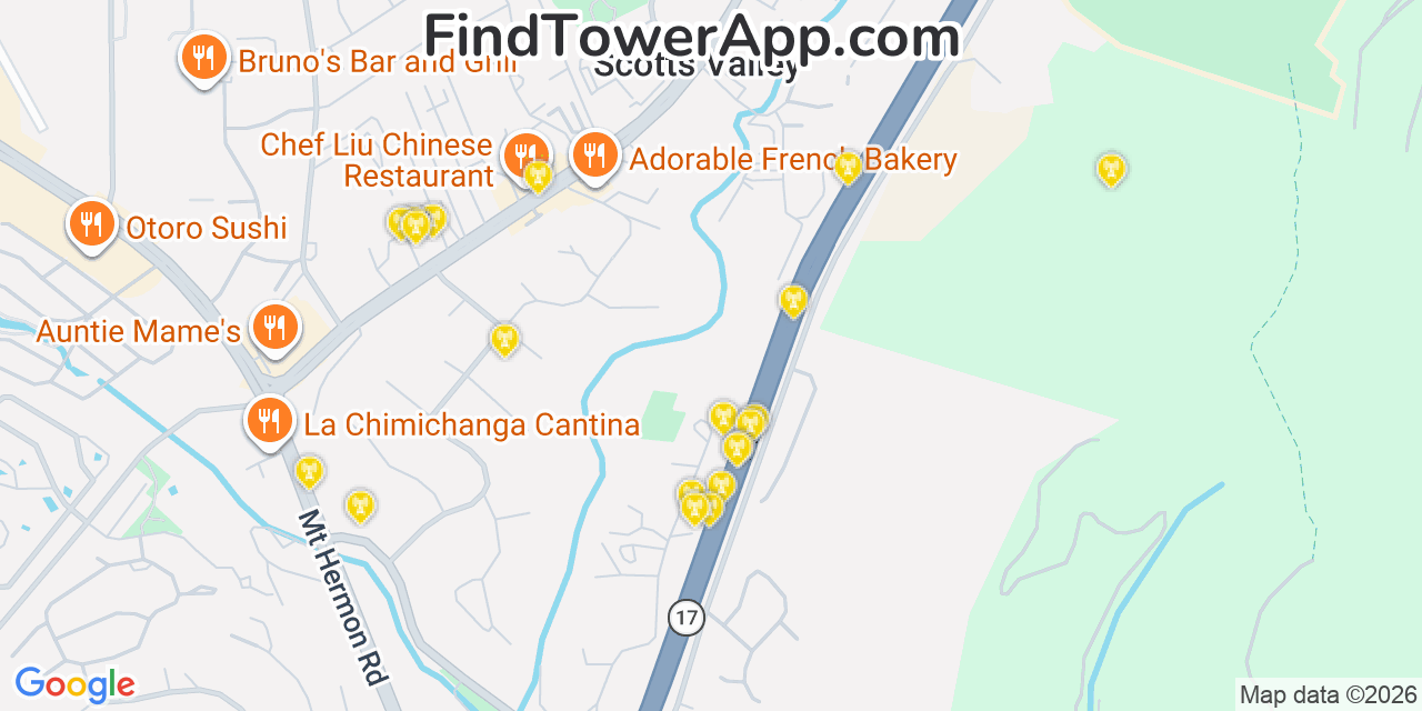 Map showing the 20 primary cell tower locations detected in Scotts Valley, California from AT&T, Verizon, and T-Mobile networks