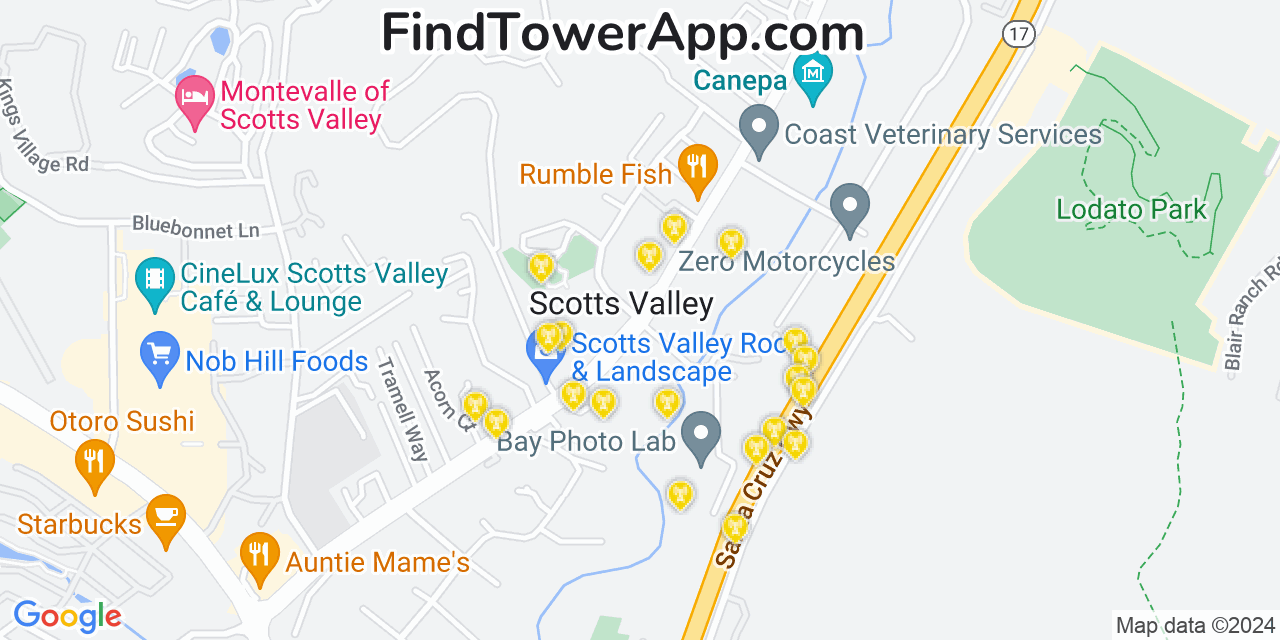 Verizon 4G/5G cell tower coverage map Scotts Valley, California