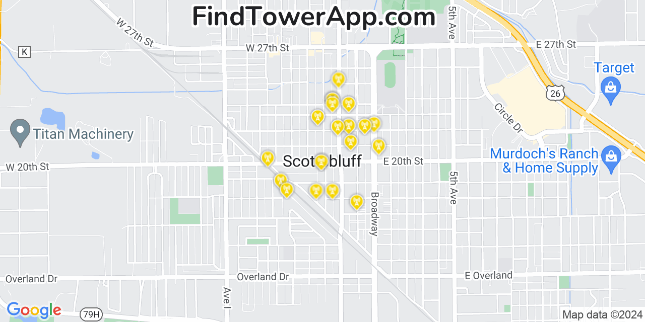 AT&T 4G/5G cell tower coverage map Scottsbluff, Nebraska