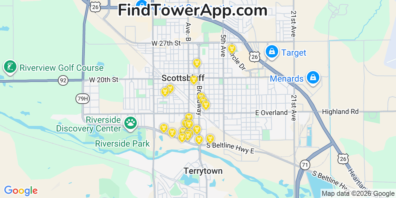 Map showing the 20 primary cell tower locations detected in Scottsbluff, Nebraska from AT&T, Verizon, and T-Mobile networks