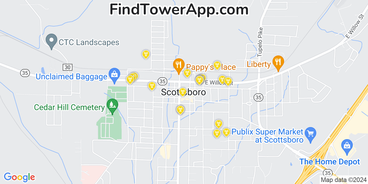 AT&T 4G/5G cell tower coverage map Scottsboro, Alabama