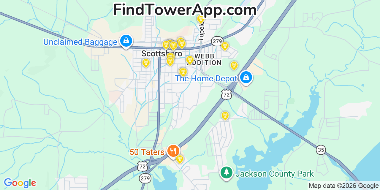 Map showing the 20 primary cell tower locations detected in Scottsboro, Alabama from AT&T, Verizon, and T-Mobile networks