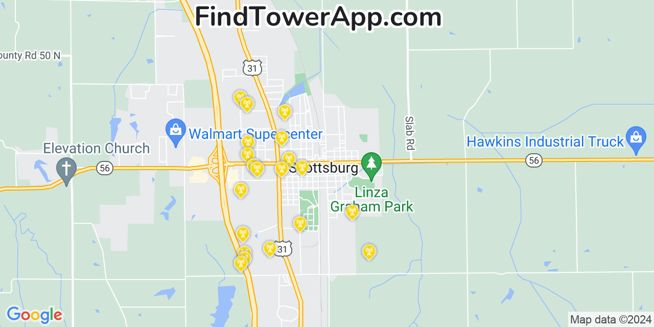 AT&T 4G/5G cell tower coverage map Scottsburg, Indiana